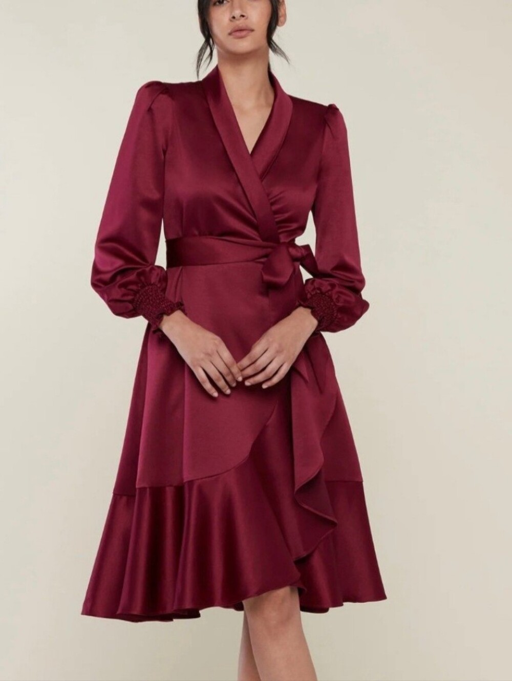 Rachel Parcell Small Red Wine Satin Long Sleeve Wrap Dress